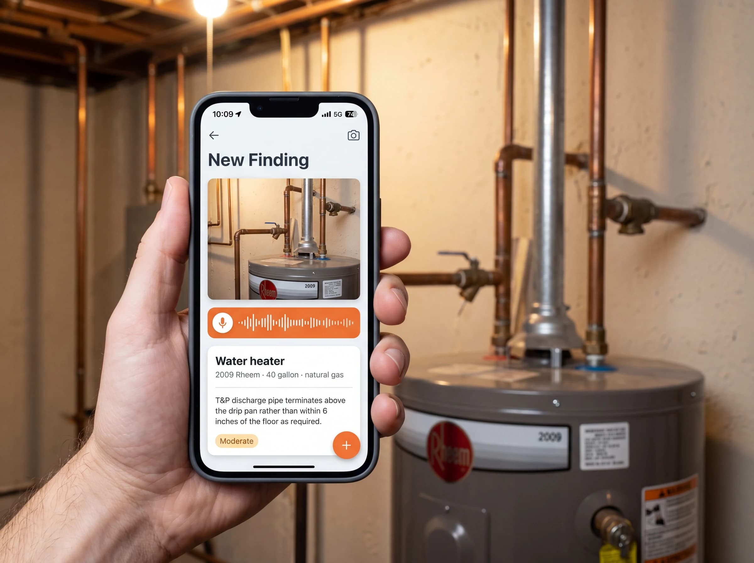 Inspector's hand holding a phone showing the Lookover capture screen, with the actual water heater and copper plumbing visible in a basement utility room behind